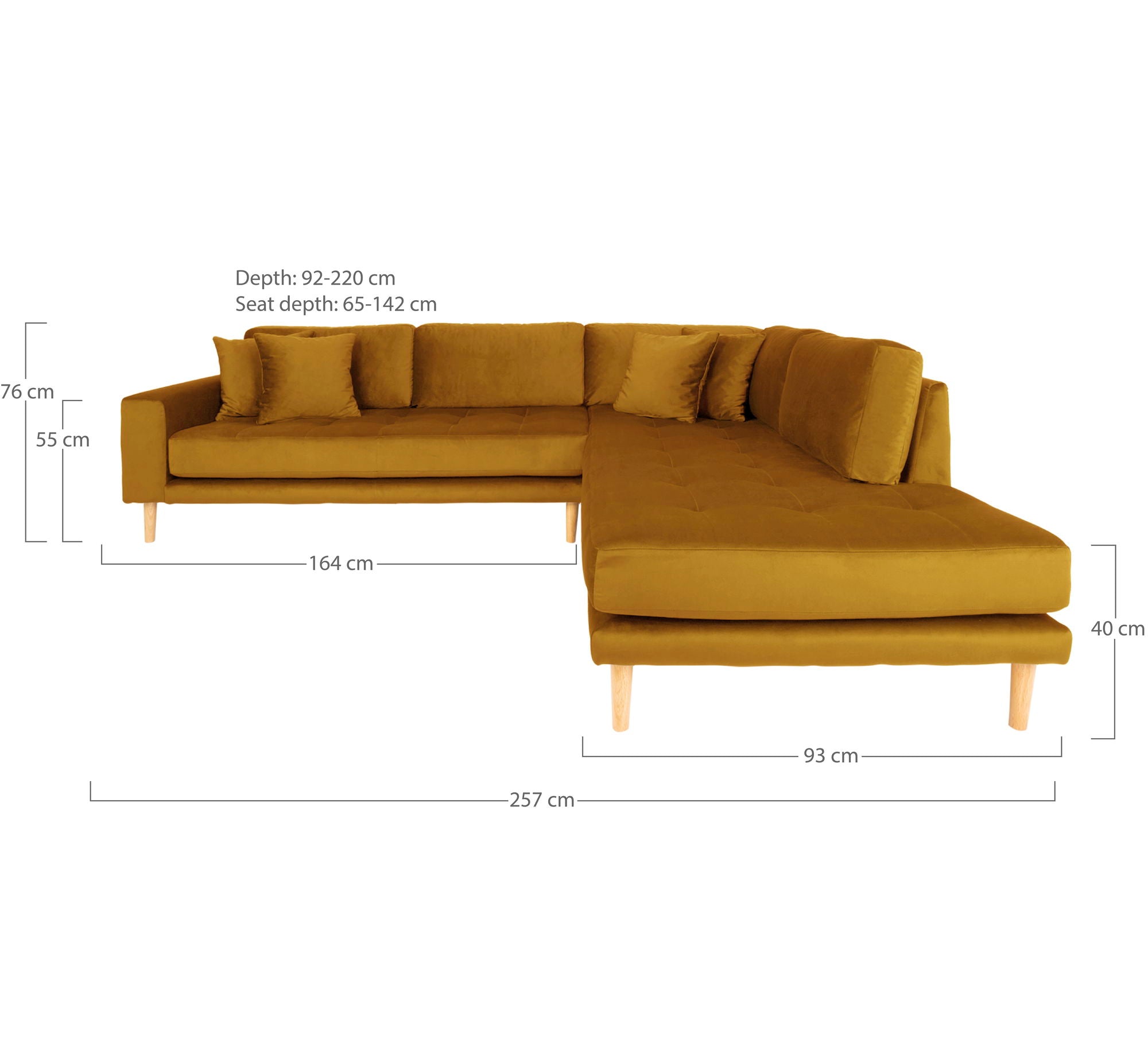 Lido – Ecksofa mit Offenem Ende, offene Seite rechts, Samtbezug, 92–220 × 257 × 76 cm